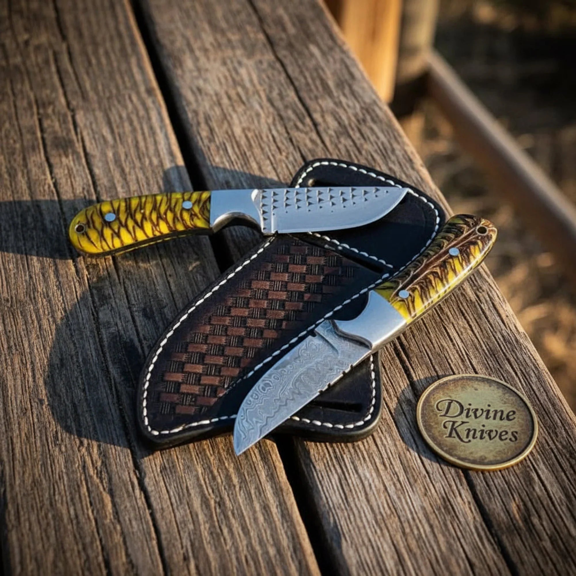 Matching Cowboy Knife Set – Rasp Steel & Damascus Pair with Pine Cone Resin Handles