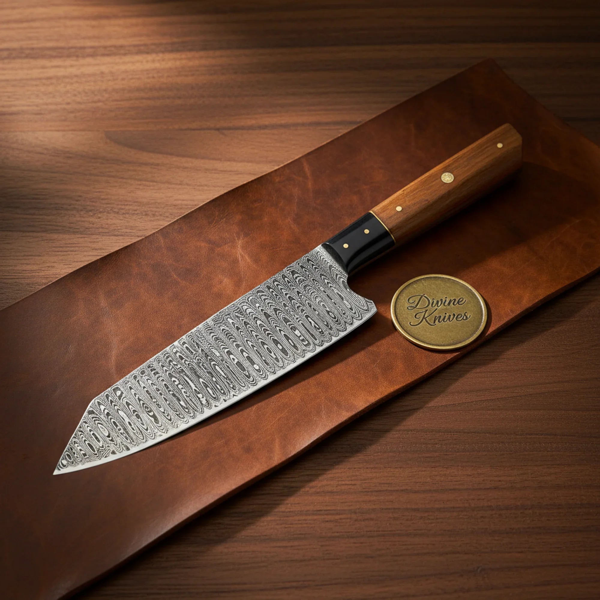 Feather Pattern Damascus Chef Knife with Walnut Handle – Handcrafted Kitchen Knife