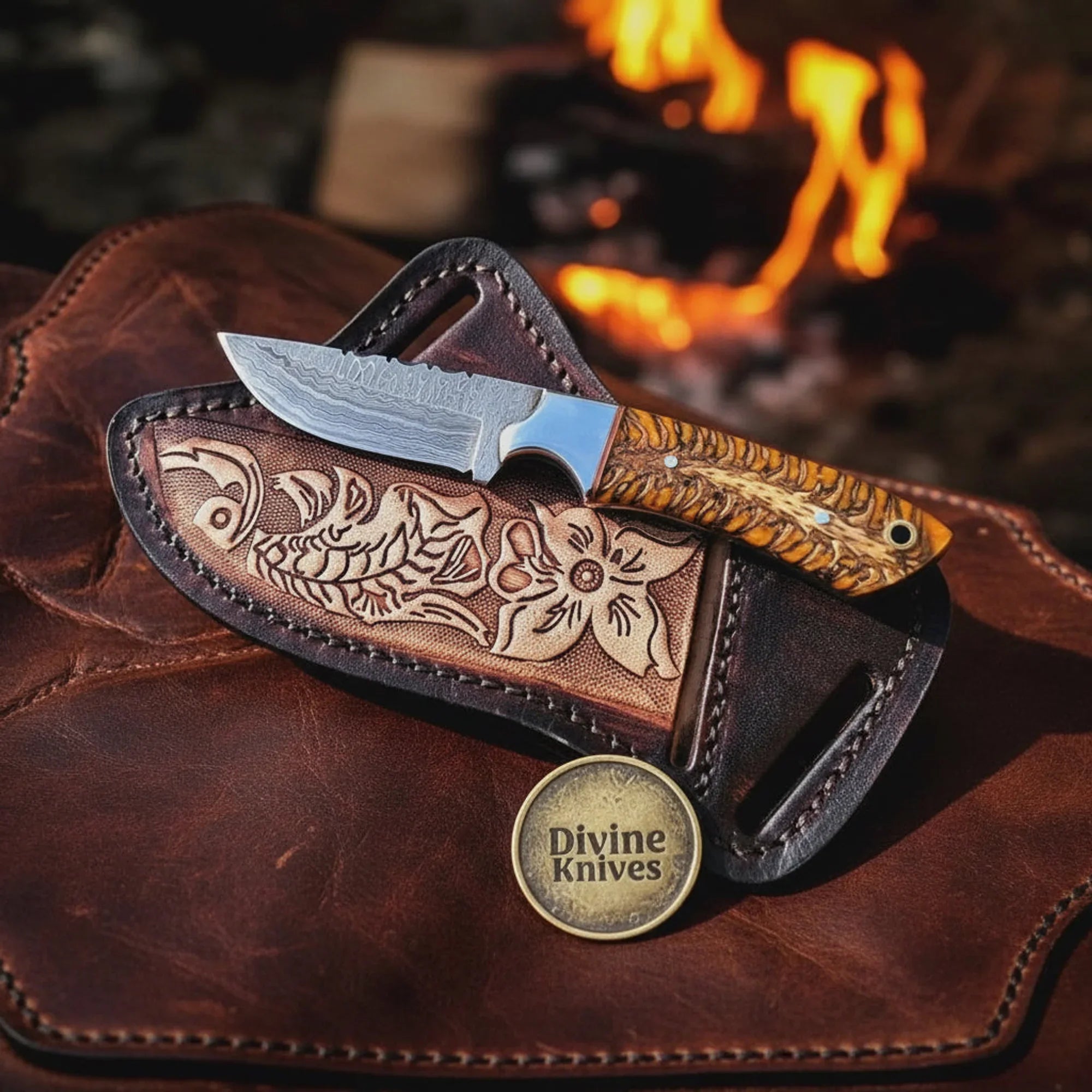 Damascus Cowboy Knife with Golden Pine Cone Resin Handle – Handmade Outdoor Tool