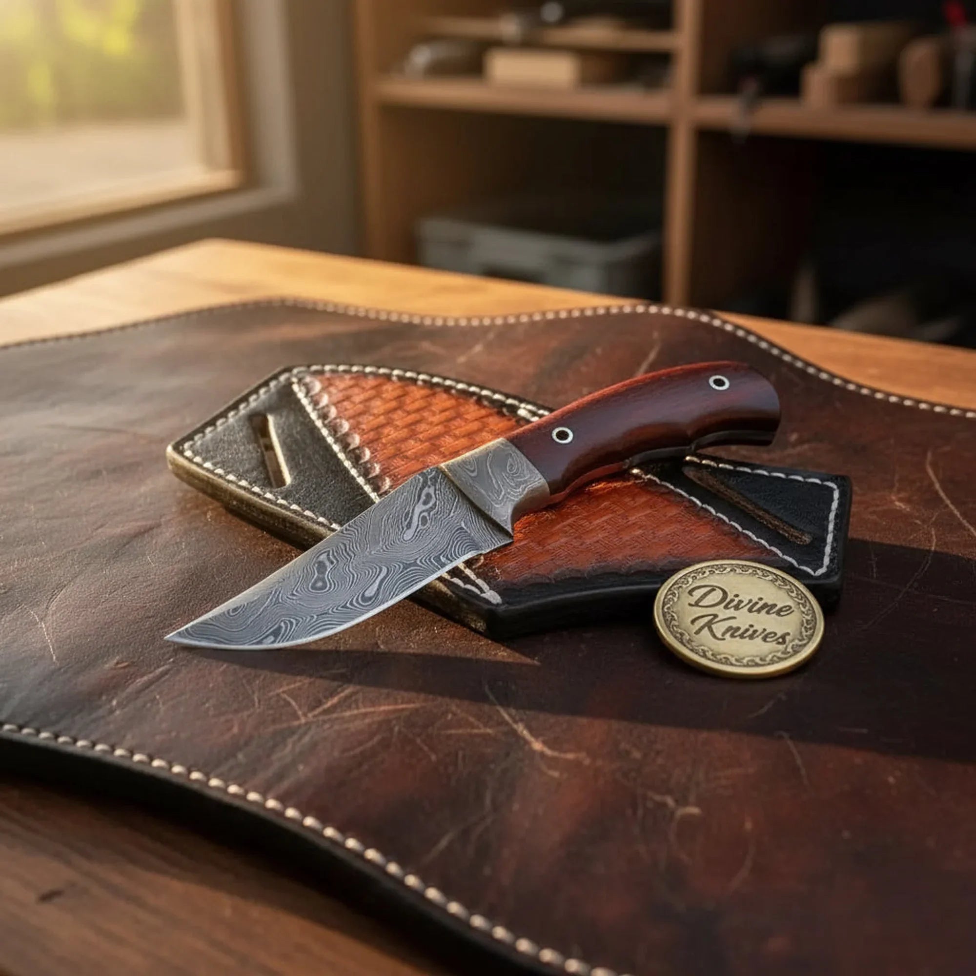Damascus Cowboy Knife with Red Micarta Handle – Handcrafted Outdoor Tool with Damascus Bolster