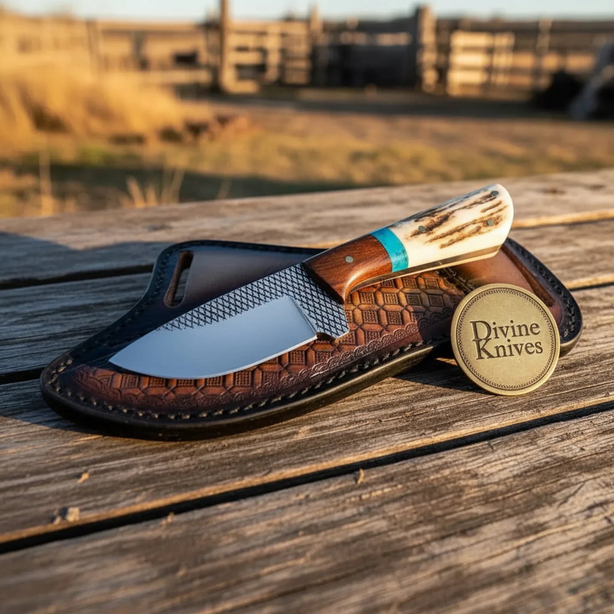 Rosewood, Turquoise & Stag Horn Cowboy Knife with Rasp Steel Blade