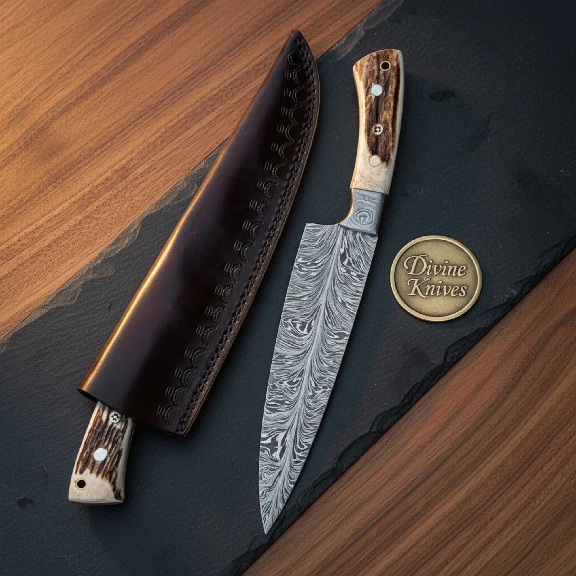 Bone Handle Damascus Chef Knife with Protective Sheath