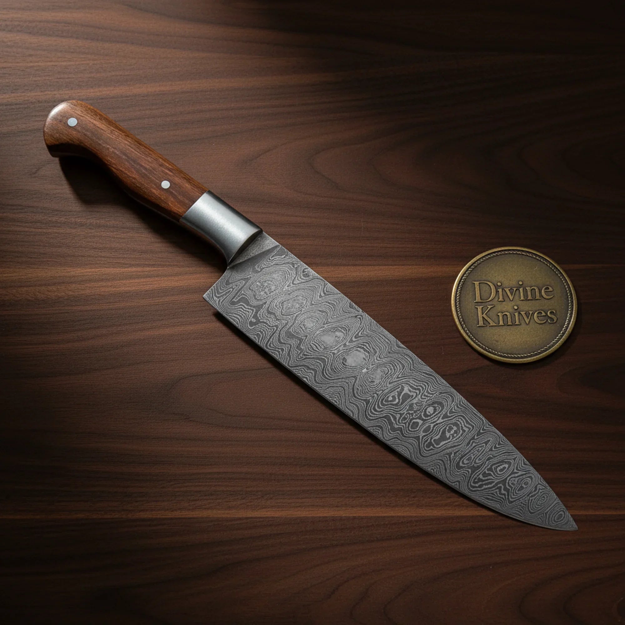 Feather Damascus Chef Knife with Stag Handle & Sheath – Handcrafted Kitchen & Display Knife