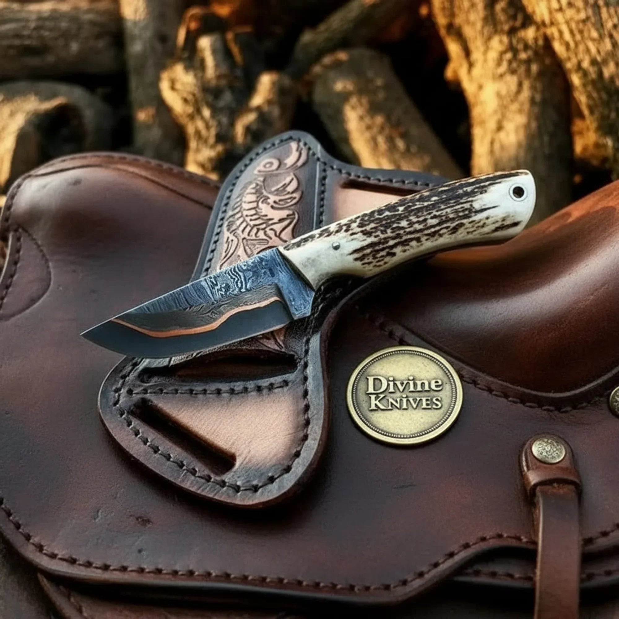 Copper Damascus Hunting Knife with Stag Horn Handle – Handcrafted Skinner & Outdoor Tool