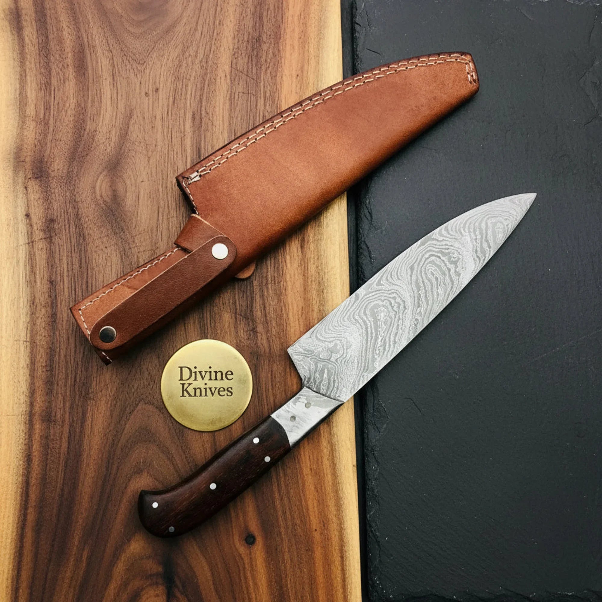 Damascus Chef Knife with Sheath & Wood Handle – Handcrafted Kitchen Knife for Daily Use