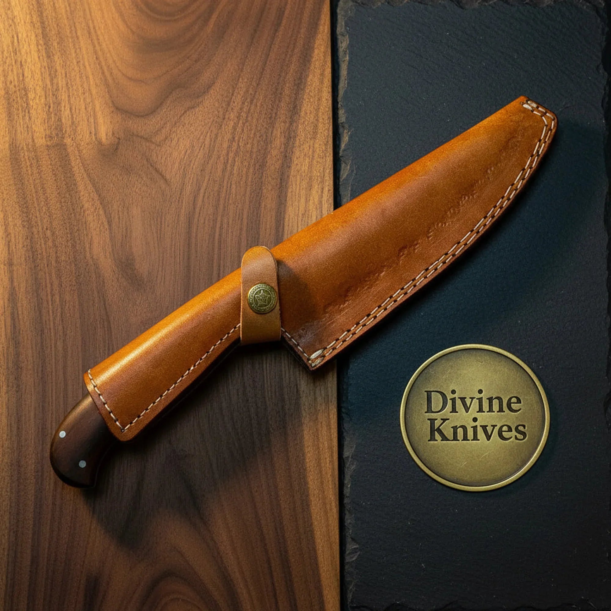 Damascus Chef Knife with Sheath & Wood Handle – Handcrafted Kitchen Knife for Daily Use