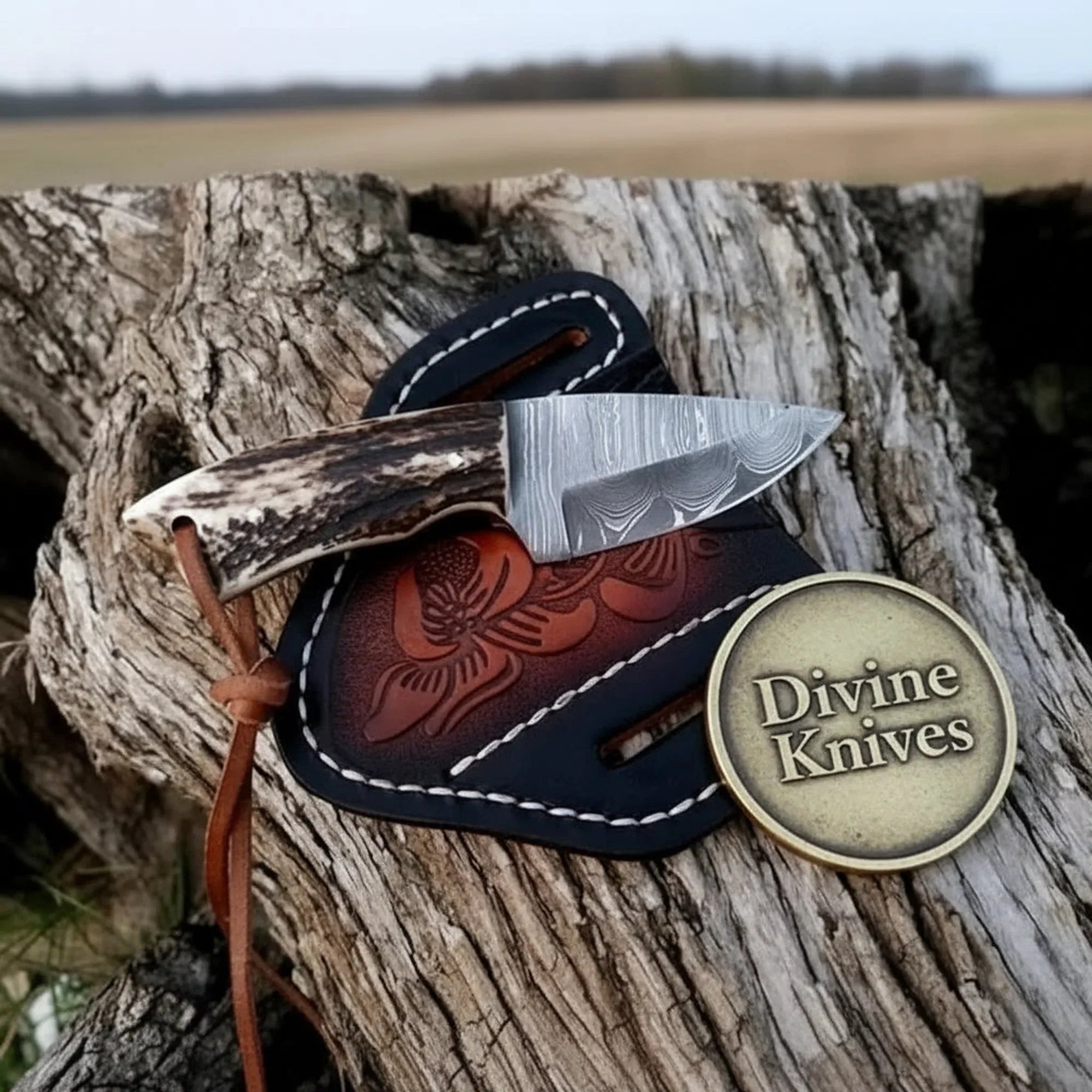 Compact Damascus Cowboy Knife with Stag Horn Handle – Everyday Carry Outdoor Tool (5.5-Inch)
