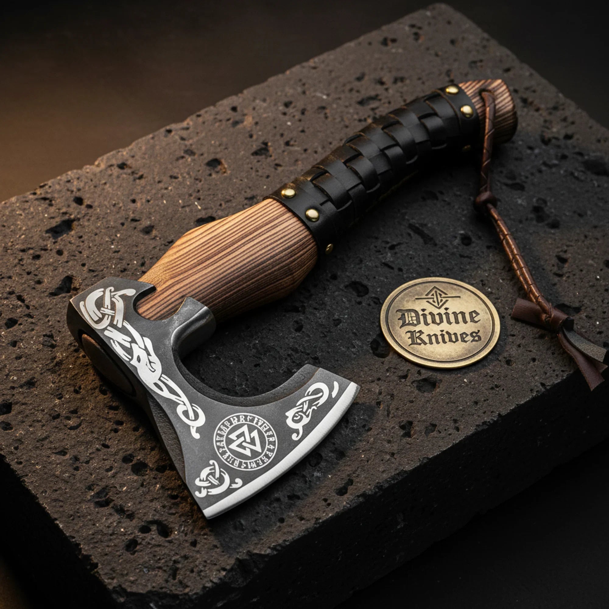 Valknut Viking Axe — Hand-Forged Hatchet with Leather-Wrapped Handle