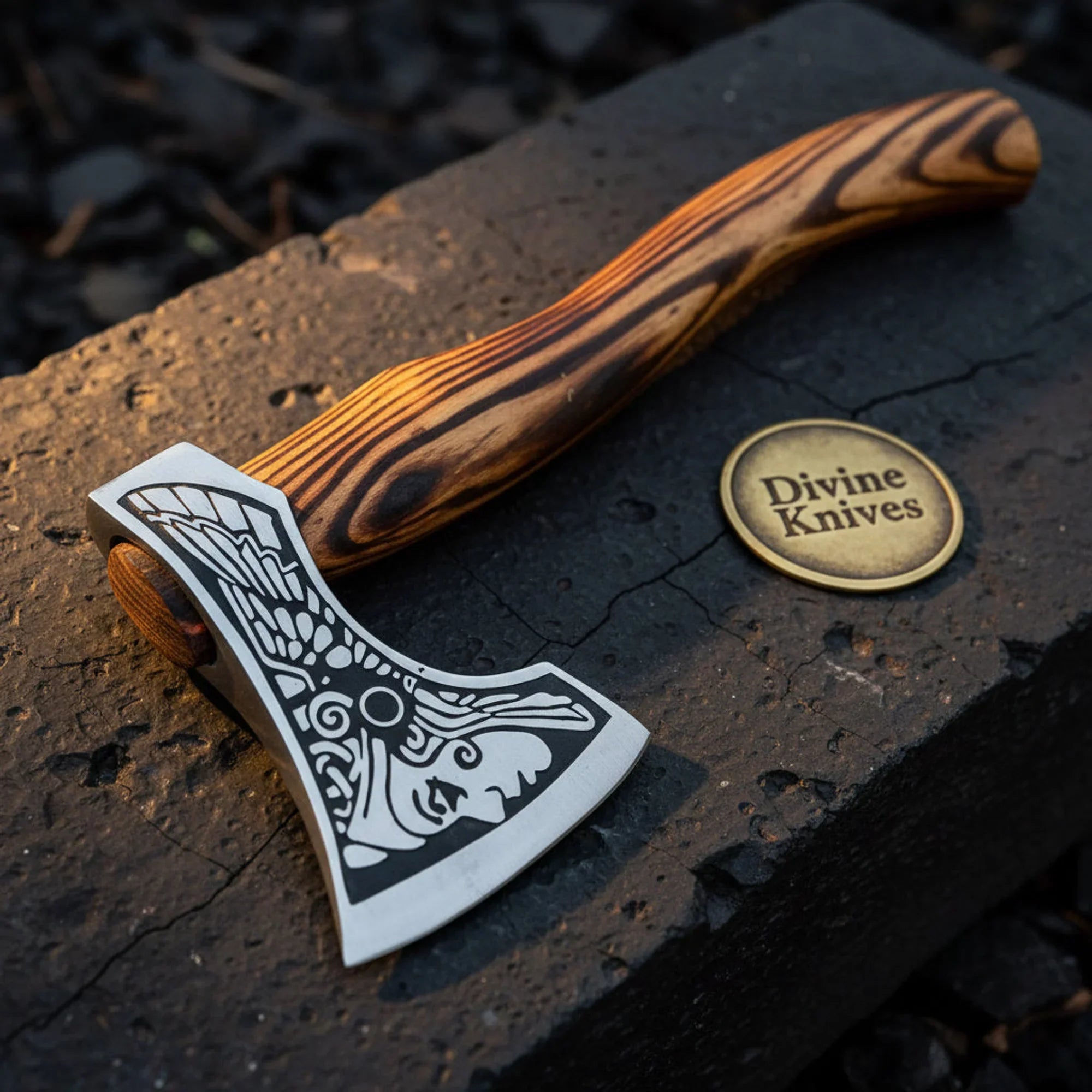 Viking Bearded Axe with Etched Norse Portrait Head & Figured Wood Handle