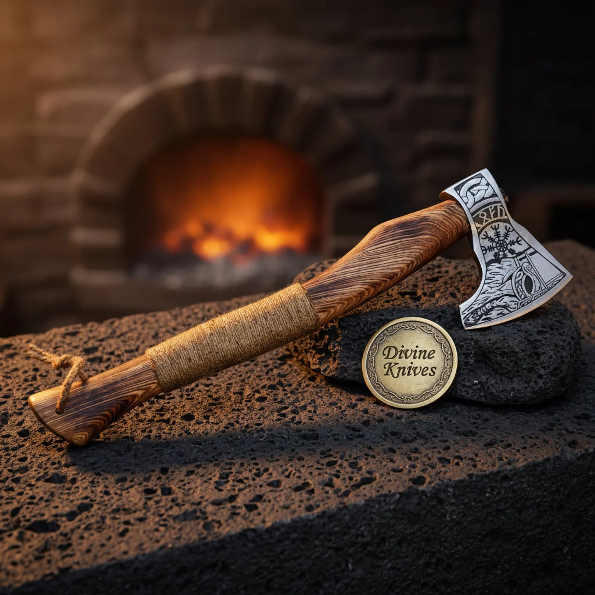 Hand-Forged Viking Axe with Runic Etched Head & Cord-Wrapped Handle