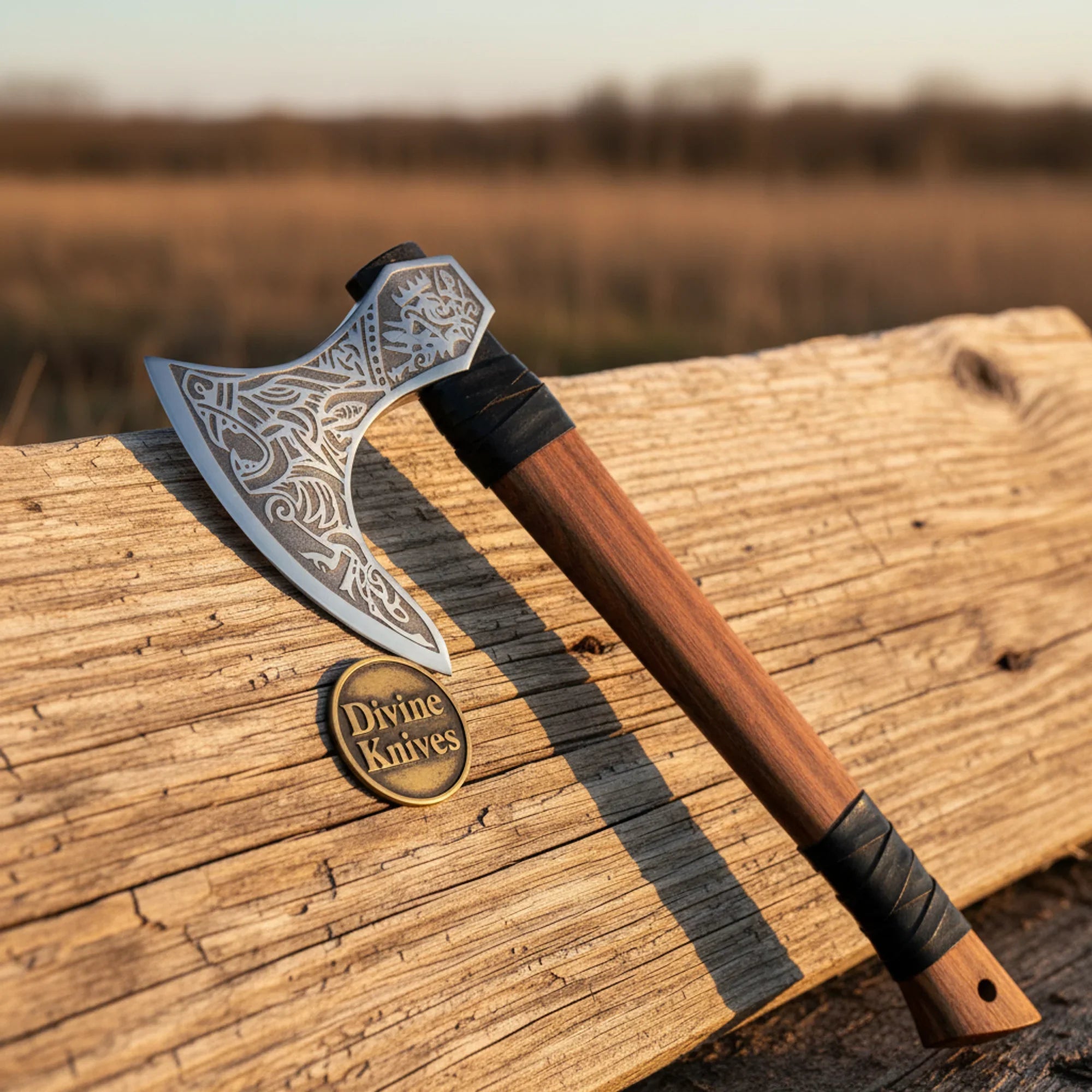 Norse Bearded Axe with Dragon Knotwork Etched Head & Wood Handle