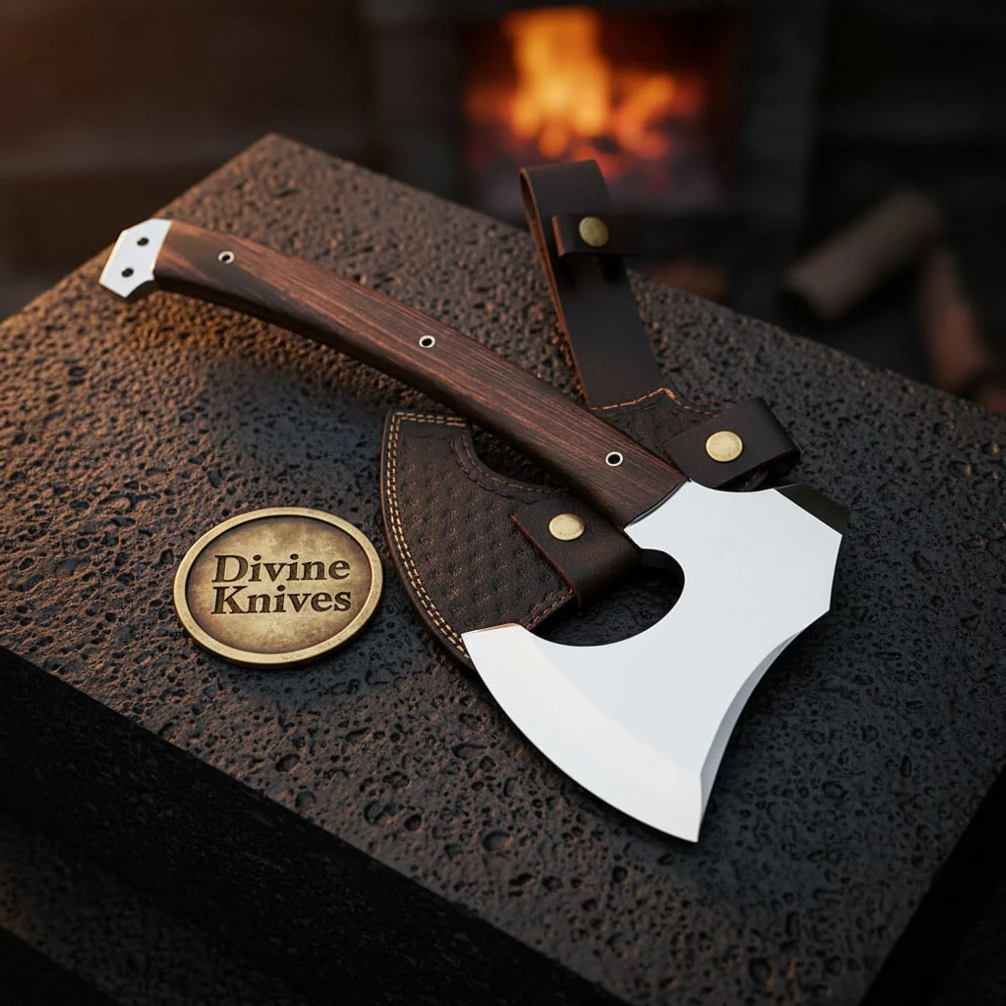 Hand-Forged Camp Hatchet with Walnut Handle & Leather Sheath