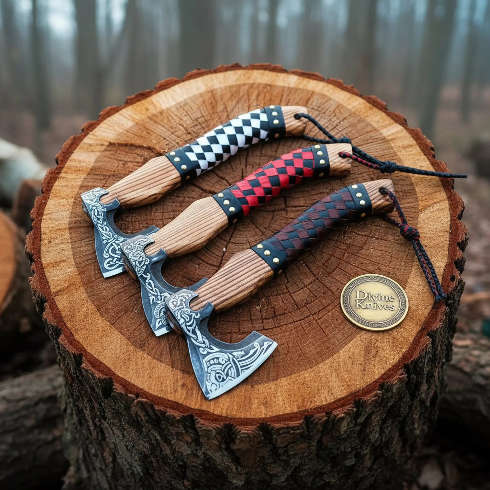 Viking Axe with Hand-Woven Leather Handle & Etched Norse Head