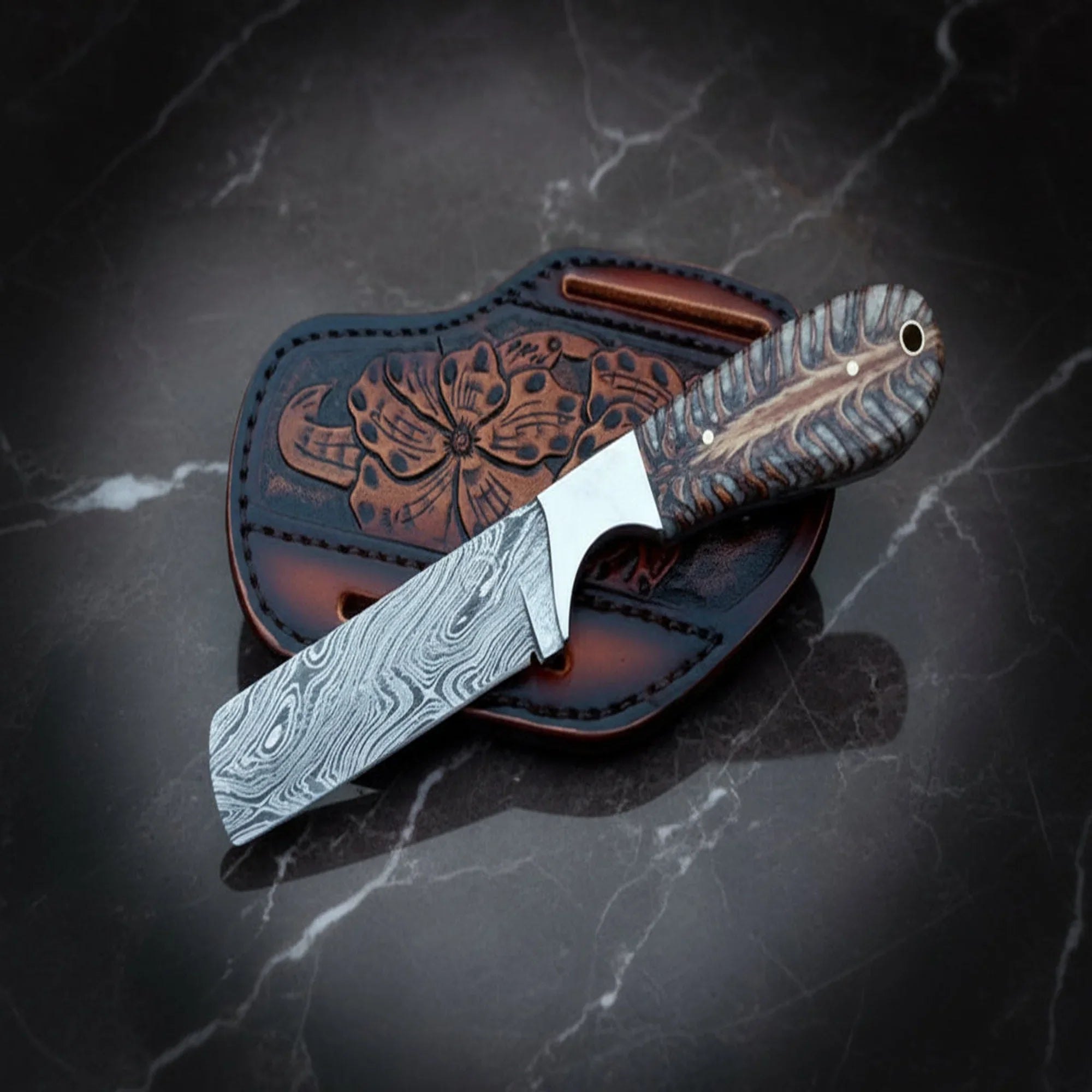 Damascus Cowboy Knife with Pine Cone Resin Handle & Floral-Tooled Sheath