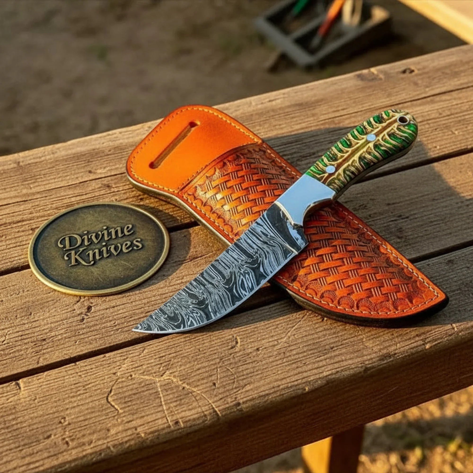 Handmade Damascus Cowboy Knife with Green Resin Handle & Basket-Weave Sheath