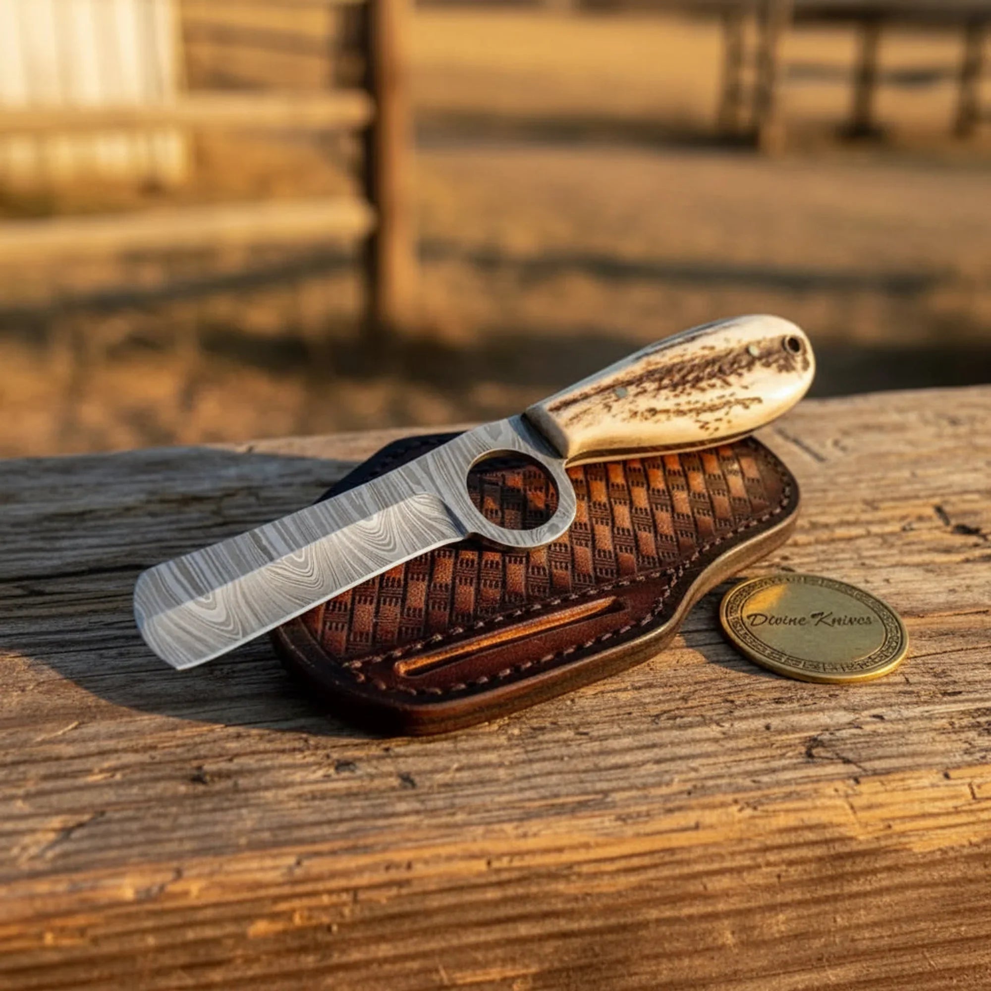 Damascus Cowboy Skinner with Choil Ring & Stag Horn Handle (9 Inch)