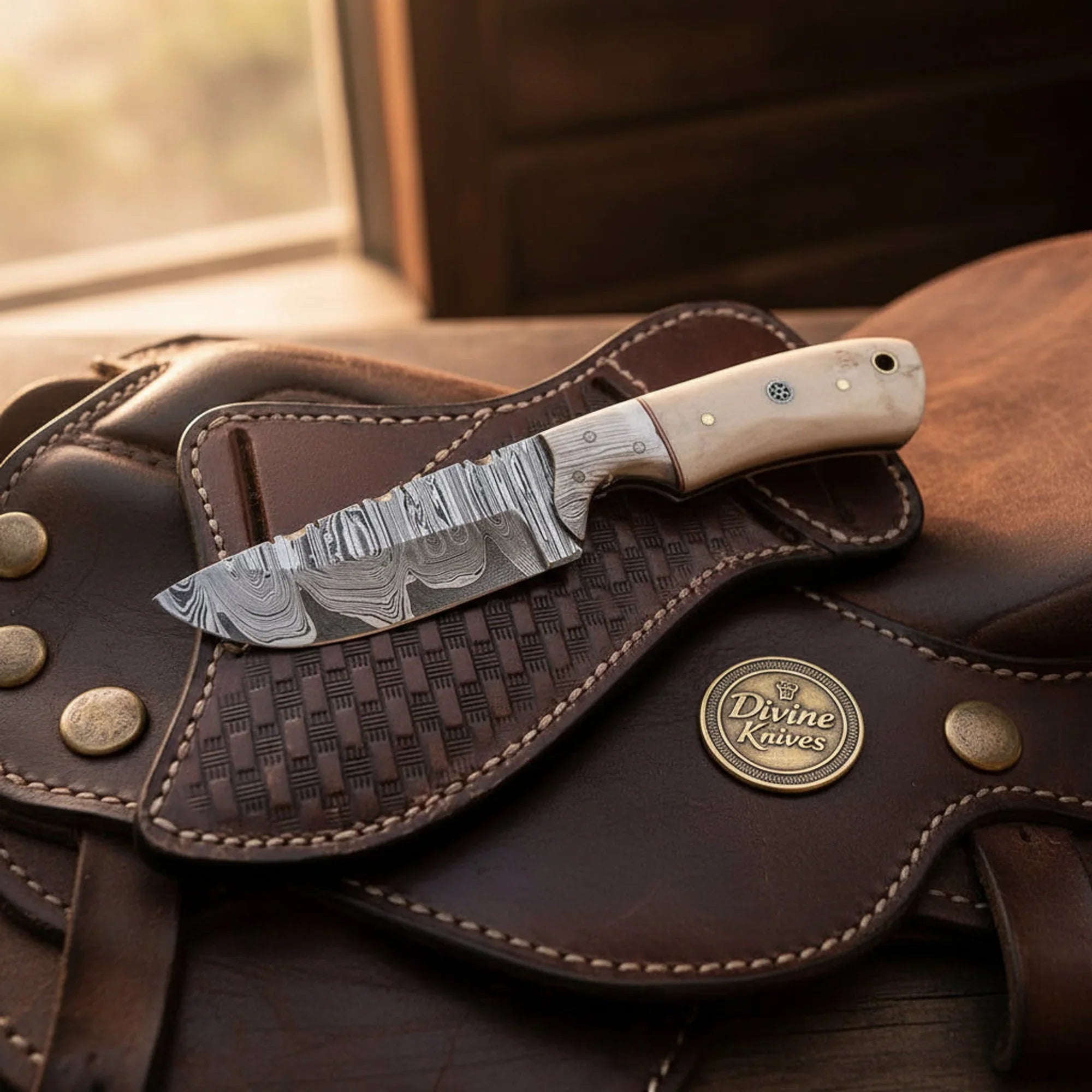 Damascus Chef Knife and Carving Fork Set with Wood Handles
