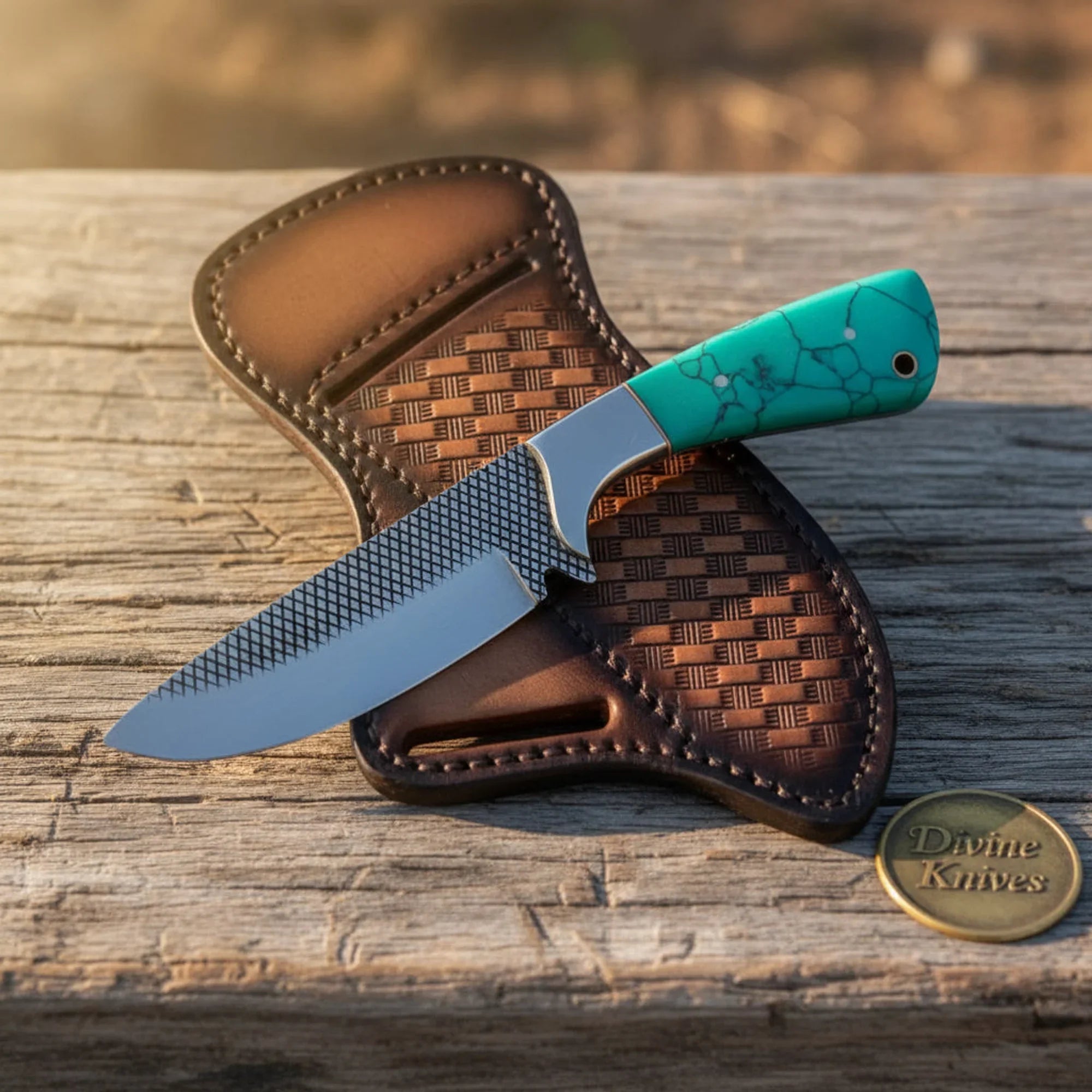 Turquoise Stone Cowboy Knife with Rasp Steel Blade