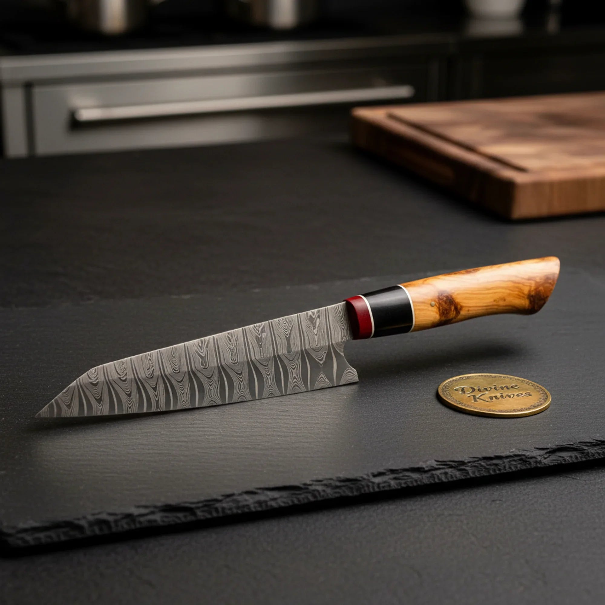 Damascus Utility Knife with Rosewood Handle and Protective Sheath