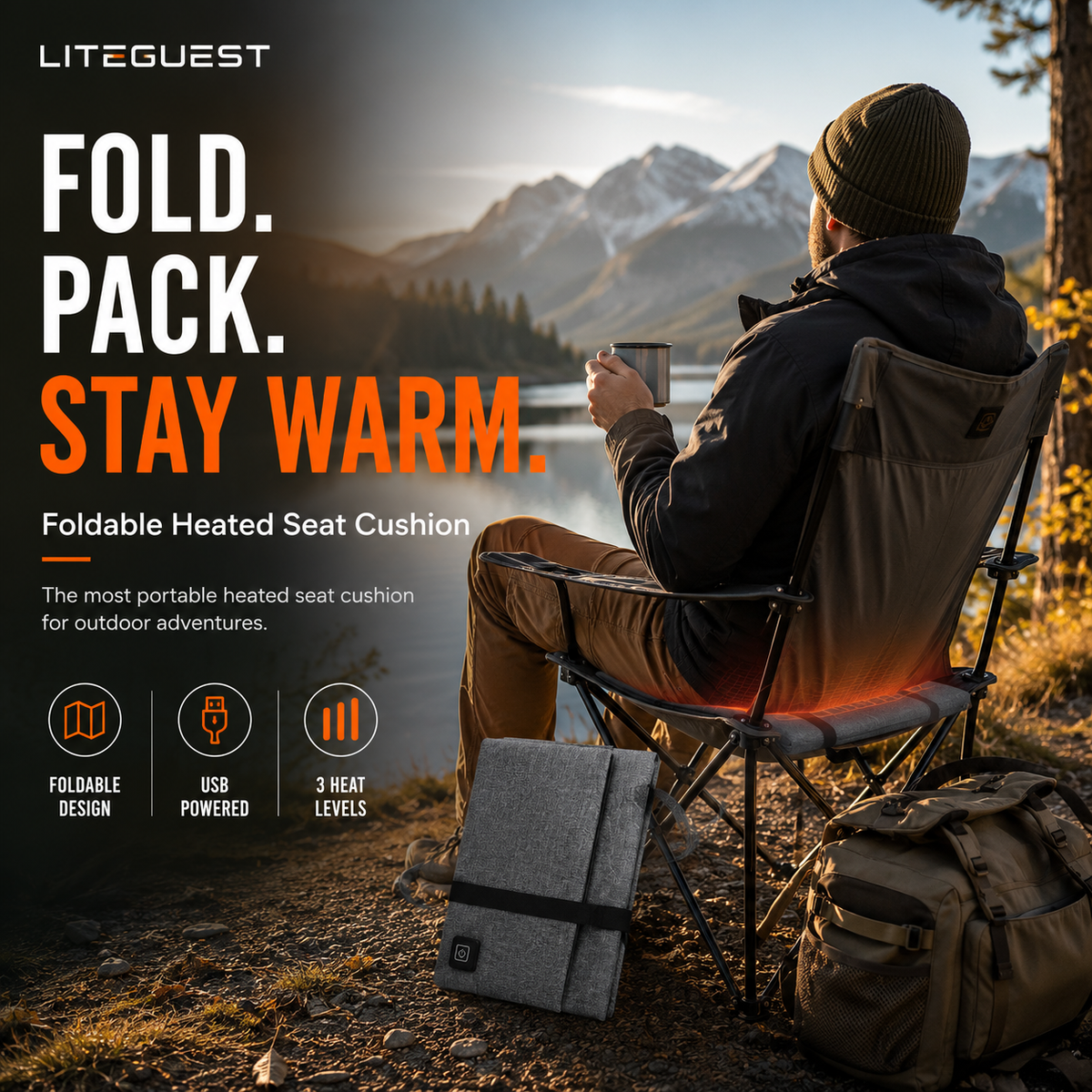 LITEGUEST Foldable Heated Seat Cushion | USB Waterproof Seat Pad