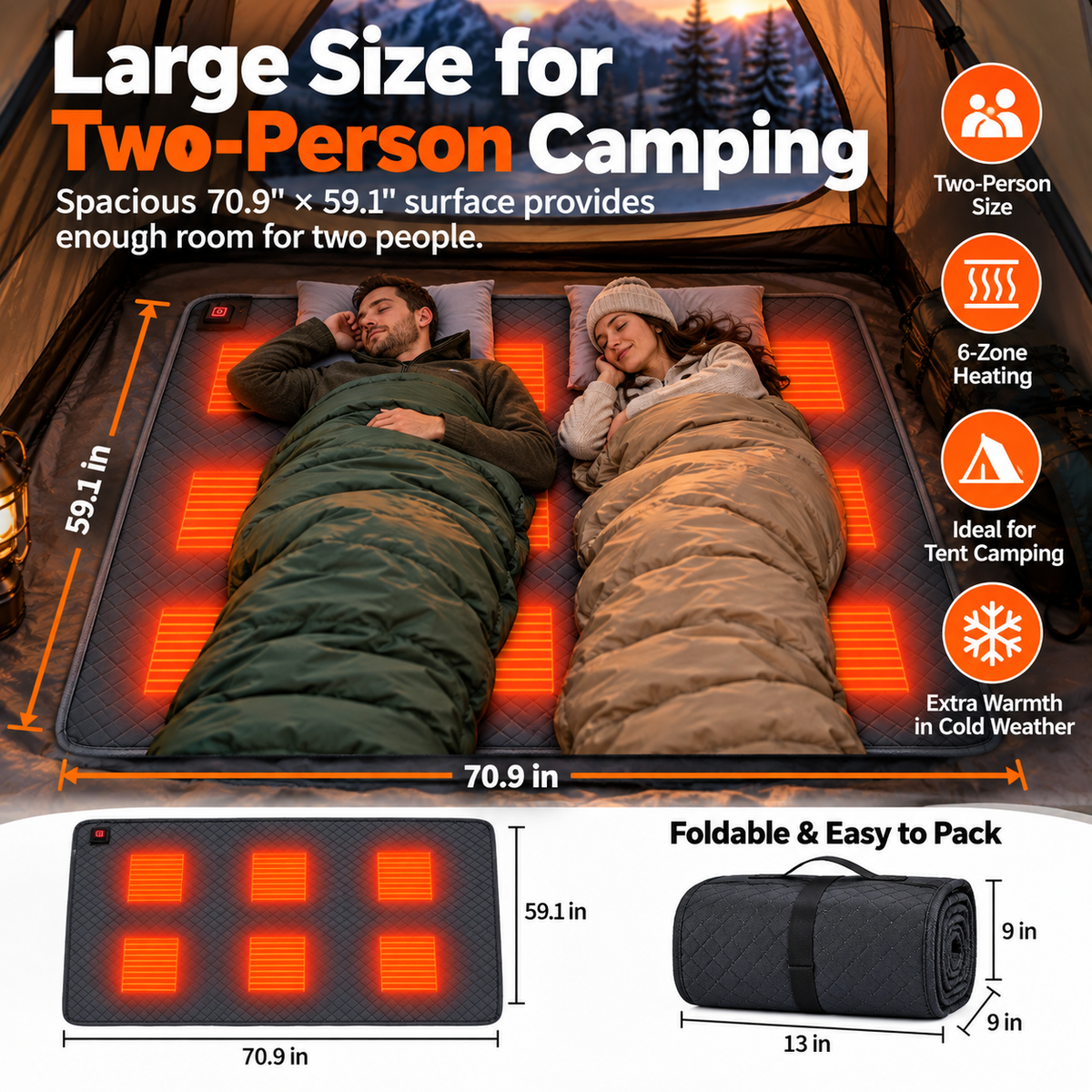 LITEGUEST 6-Zone Heated Tent Floor Mat | Large USB Heated Camping Mat