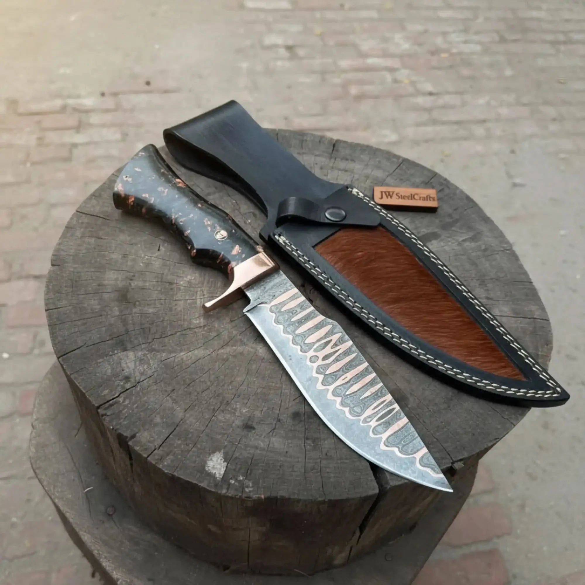 Custom Copper Damascus Bowie Hunter with Resin Handle