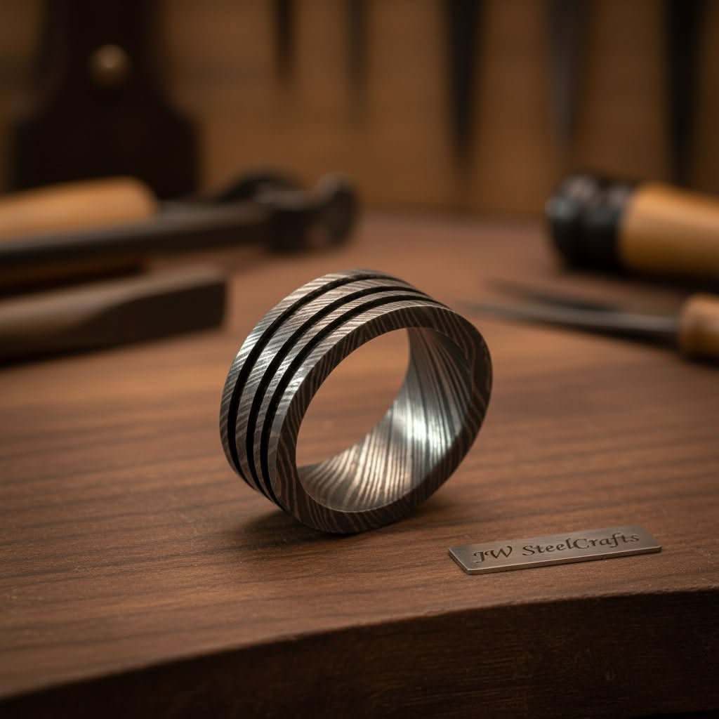 Silver Damascus Triple Groove Ring with Bright Finish
