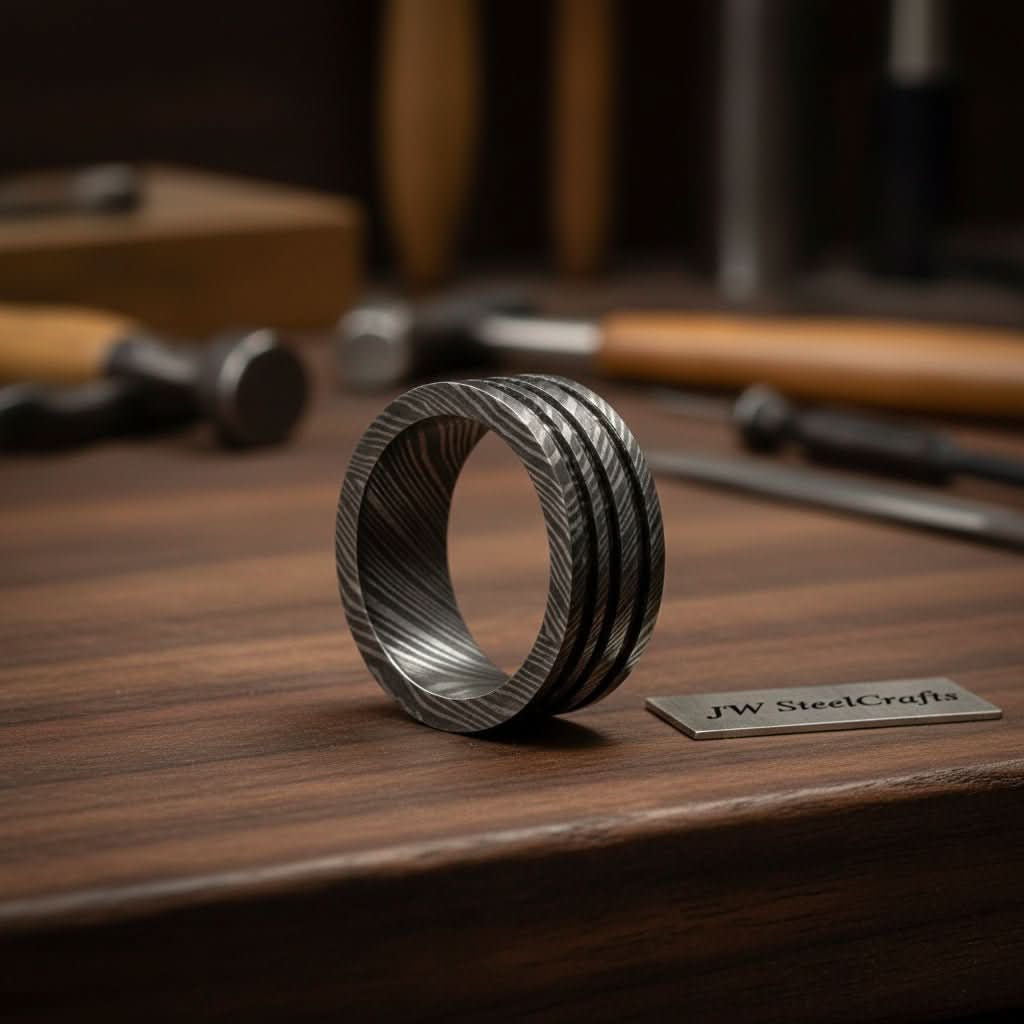 Damascus Triple Groove Ring with Three Cut Grooves