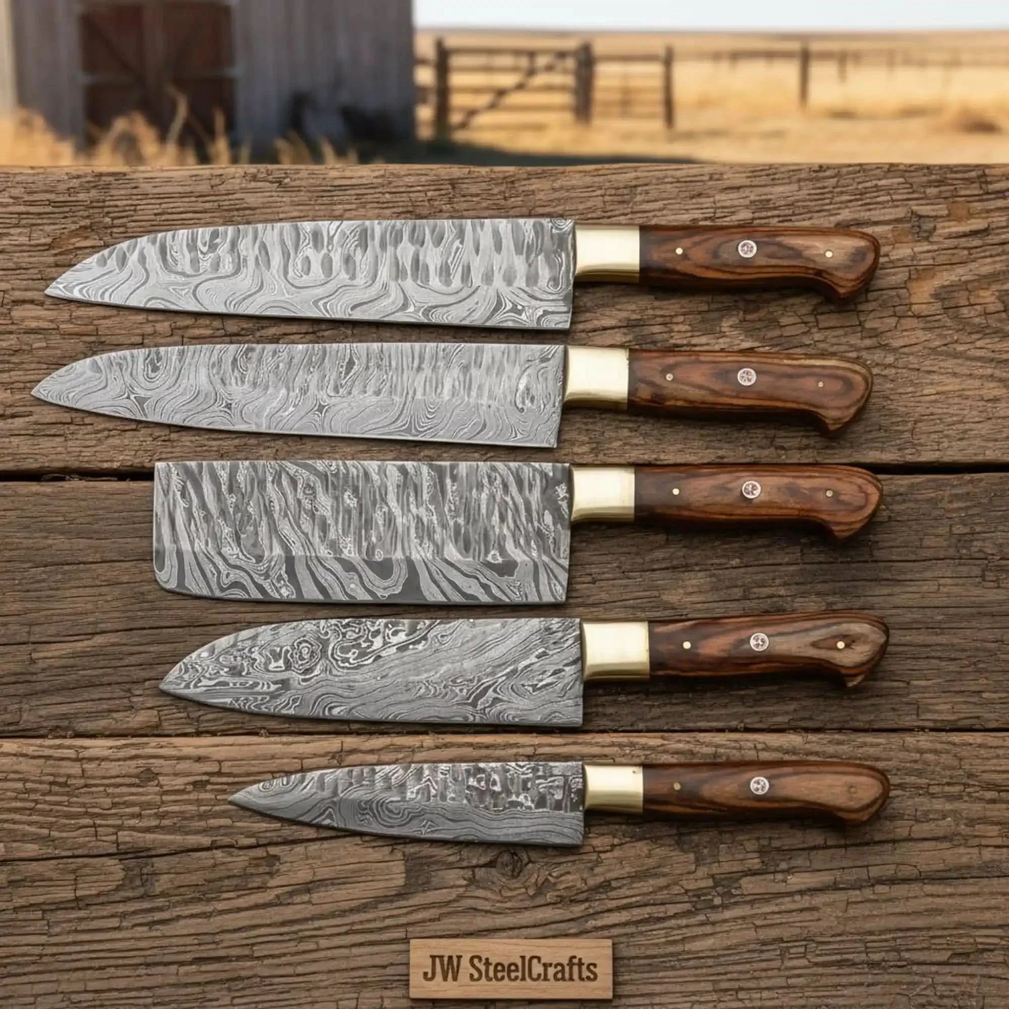 5-piece twisted Damascus cleaver, Nakiri, and chef knife set – pakka wood handle with brass bolster