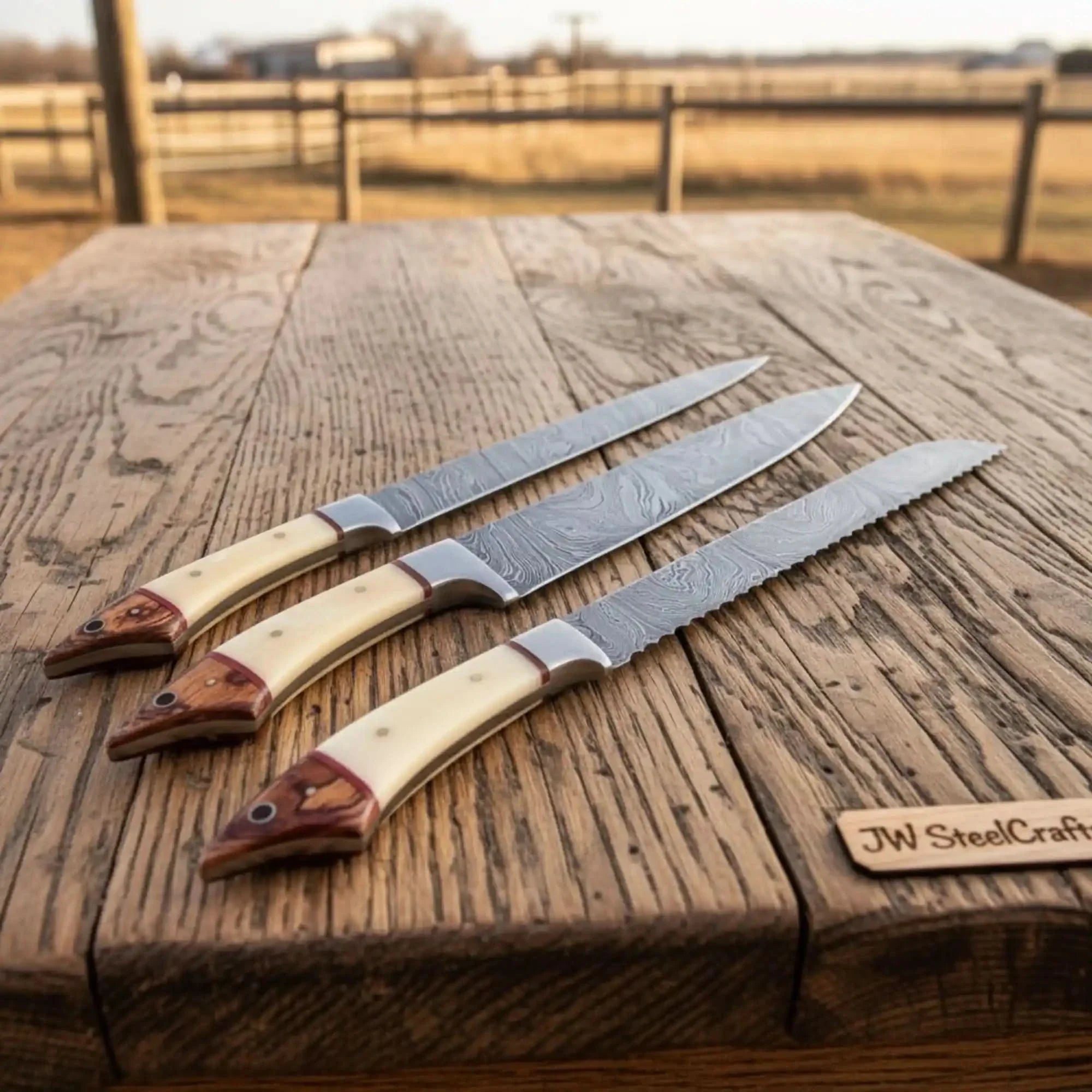 Handmade Damascus Steel Kitchen Knife Set with Bone and Wood Handles