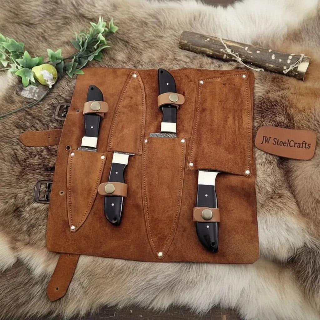 Damascus Kitchen Knife Set, Handcrafted with Black Micarta Handles, Leather Roll Included