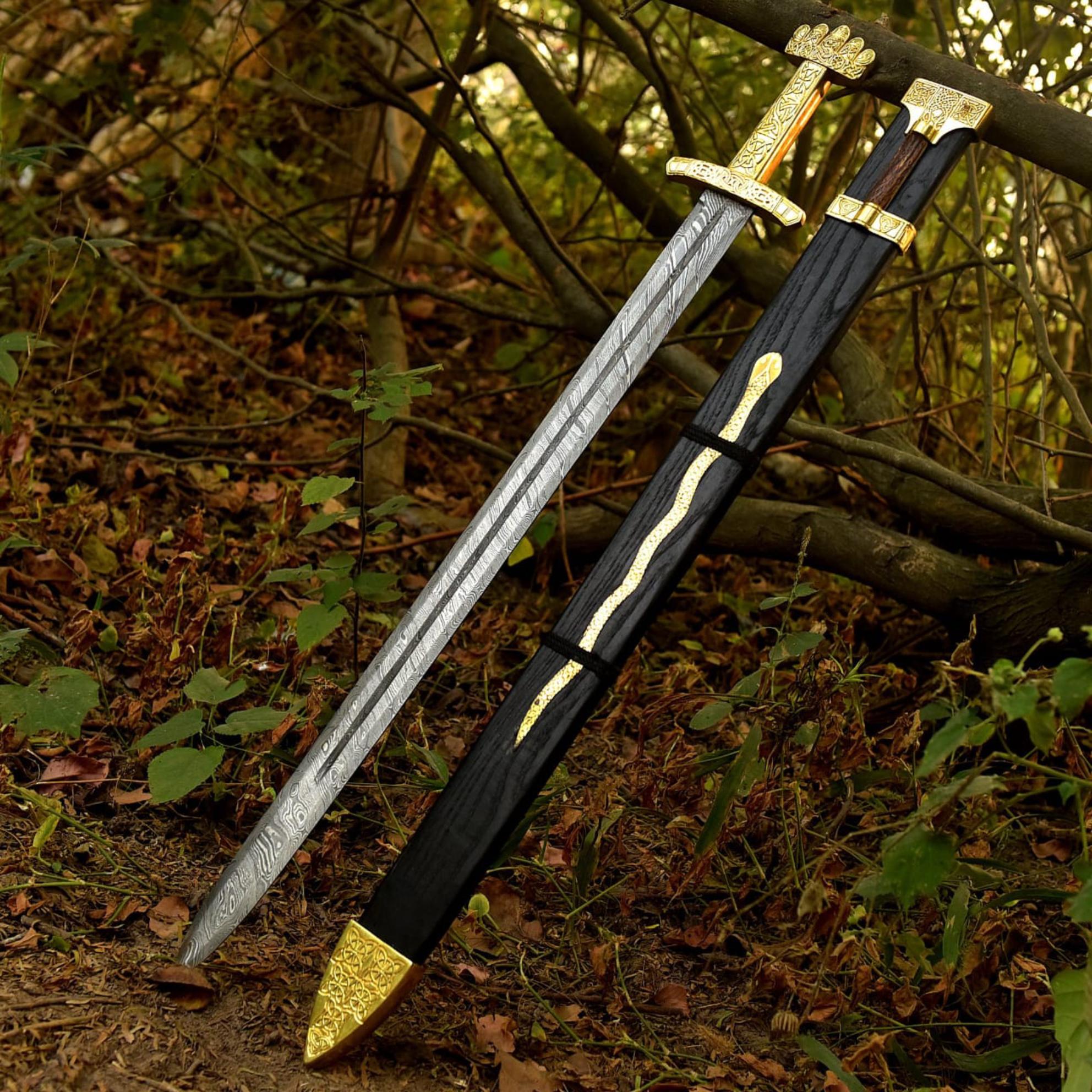 Norse Long Sword with Gold Hilt and Engraved Wood Scabbard for Display