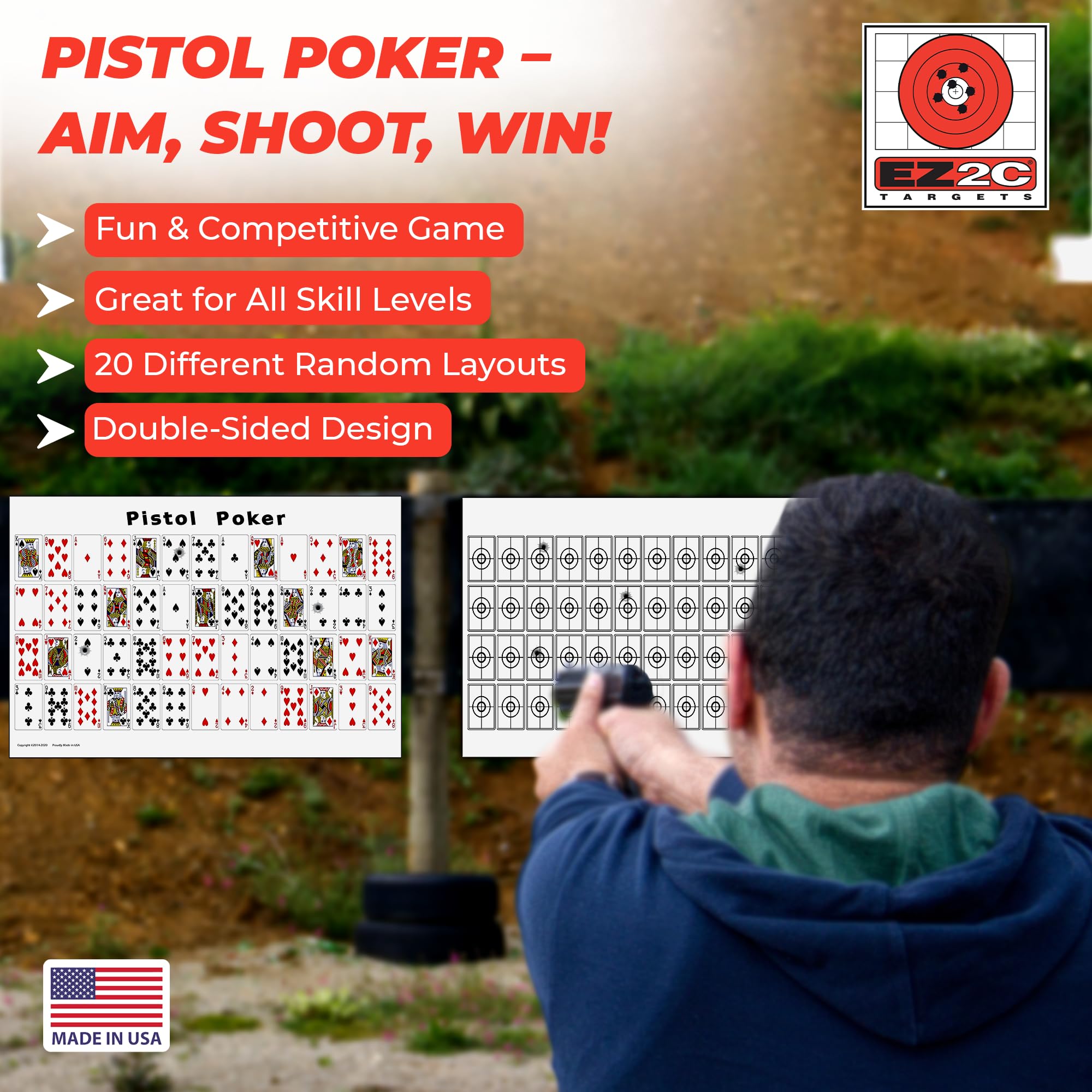 20 EZ2C Pistol Poker Paper Shooting Targets 12"x18" 20 pack USA MADE