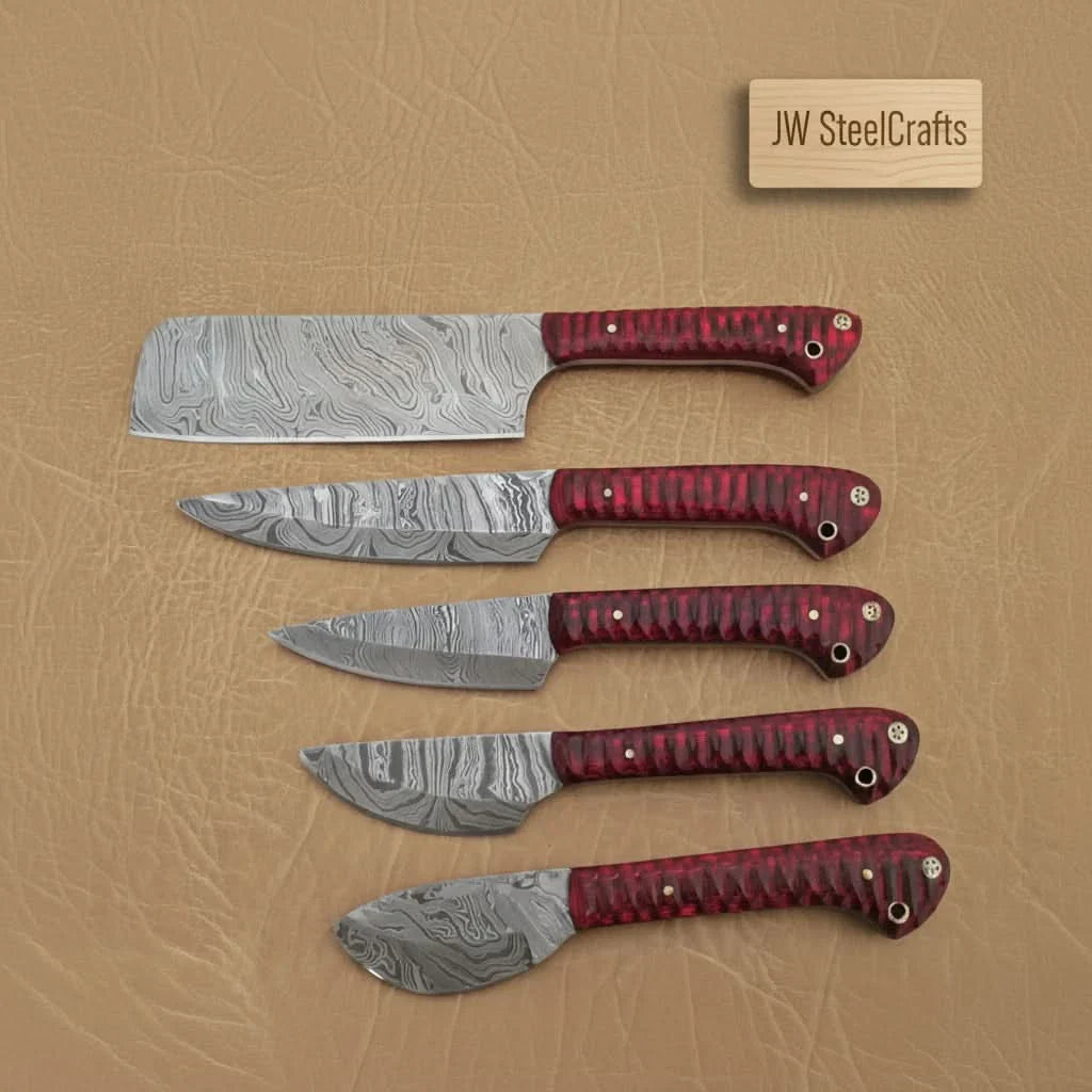 6-Piece Handmade Damascus Kitchen Knife Set with Red Wood Handles