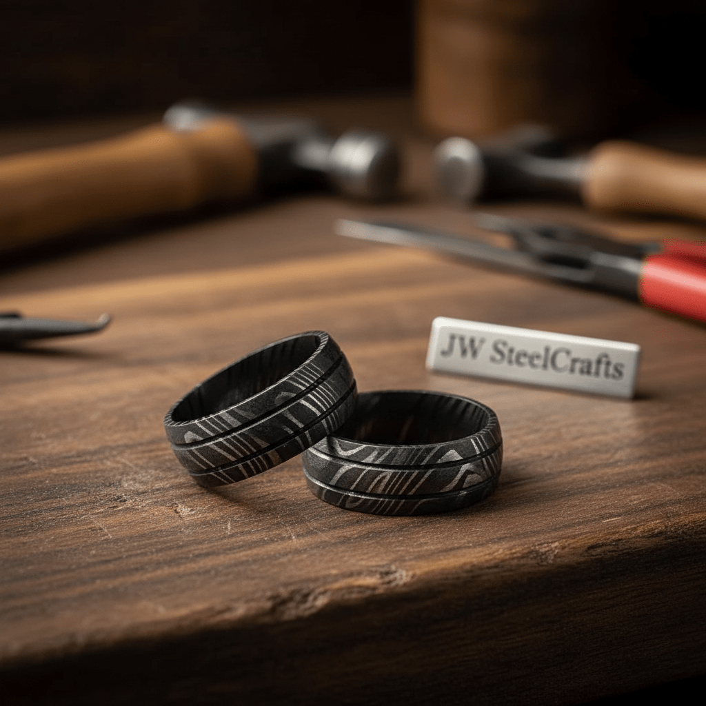 Black Damascus Double Groove Band with Etched Finish