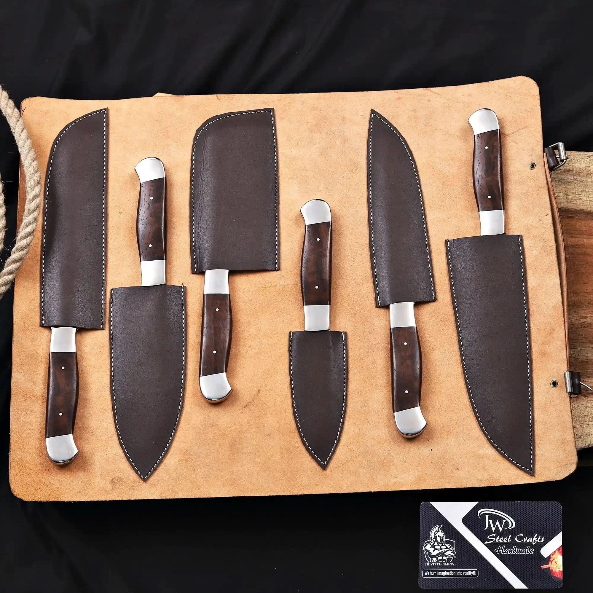 Handmade 6 Piece Chef Knife Set with Leather Roll – Full Tang Kitchen Knives Set with Cleaver, Chef, Santoku, Utility & Paring