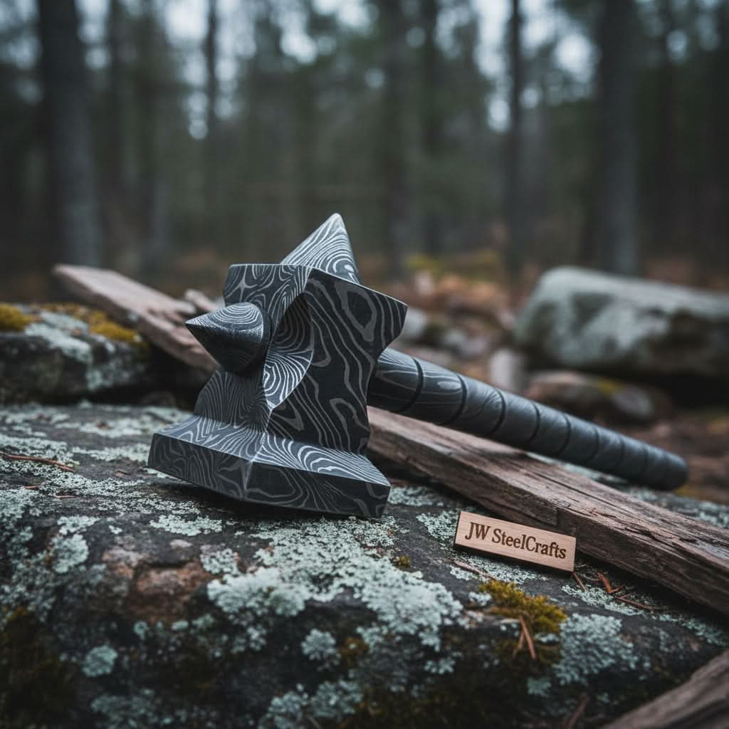 Darkforge Titan Hammer 8" Handmade Full Damascus Steel Collectible with Dual Spikes