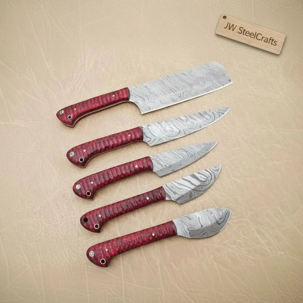 6-Piece Handmade Damascus Kitchen Knife Set with Red Wood Handles