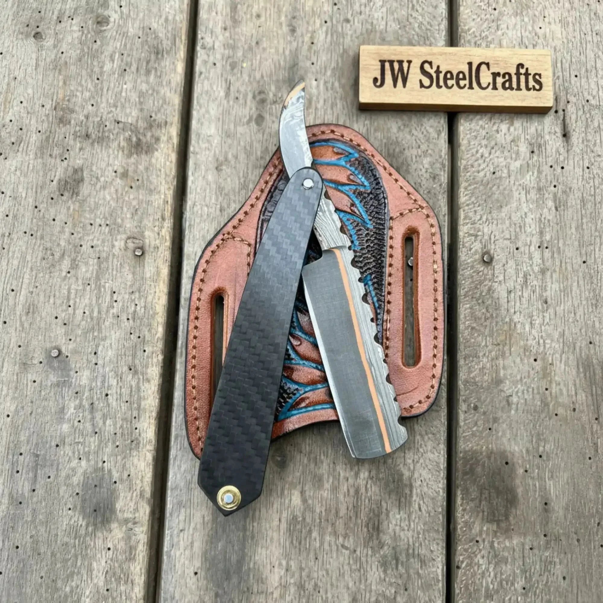 Copper Damascus Straight Razor Carbon Fiber Handle Barber Razor