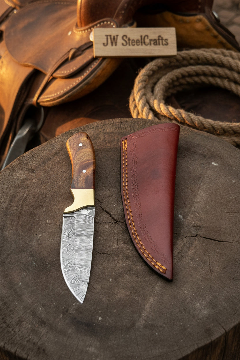 Handmade Damascus Field Knife 8” Bushcraft Knife Wood Handle with Leather Sheath