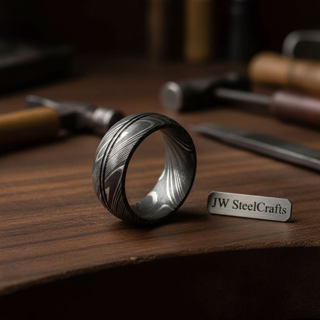 Damascus Center Double Groove Ring with Symmetric Grooves
