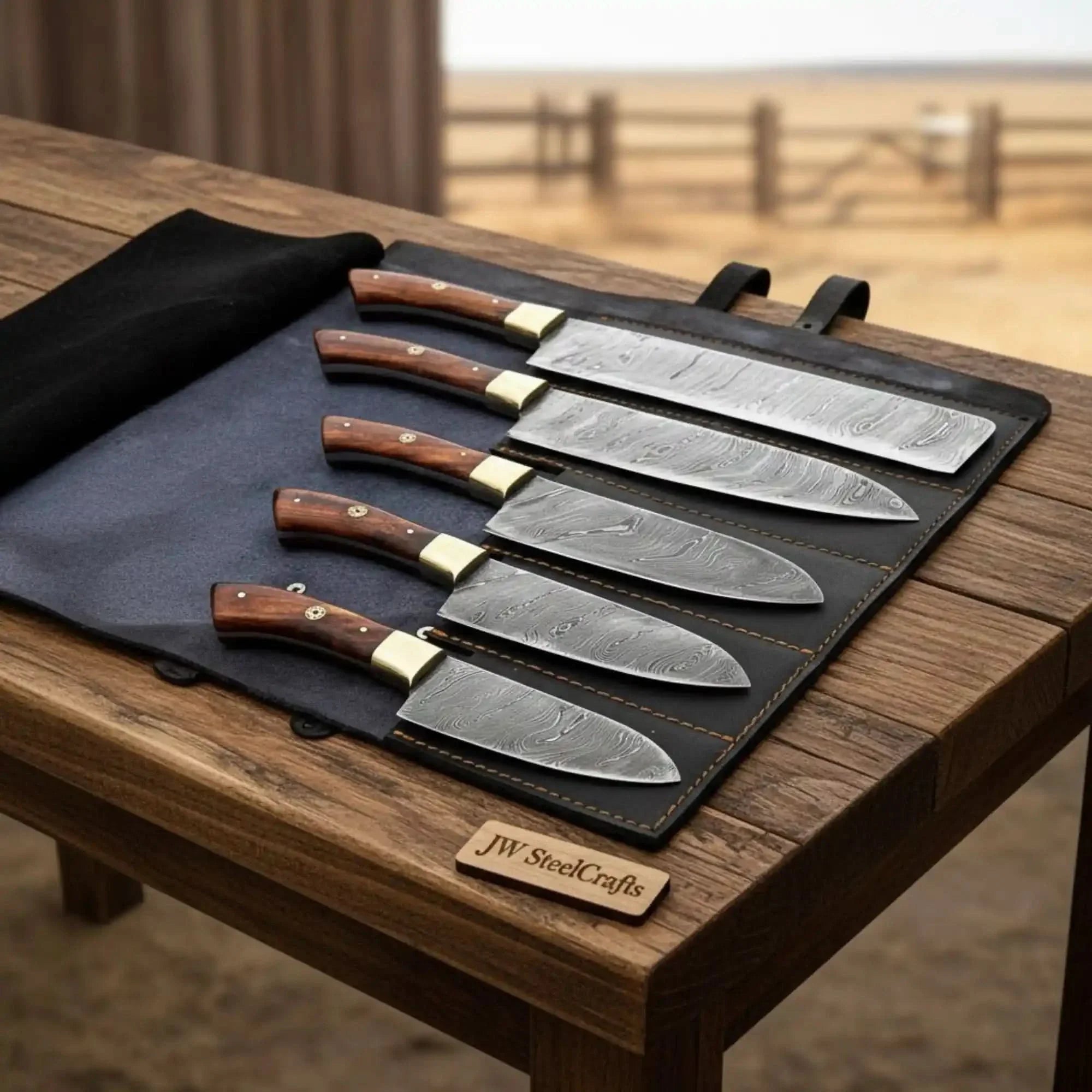 JW SteelCrafts 5 Piece Damascus Kitchen Knife Set Chef Santoku Utility and Paring Knives Pakka Wood Handle with Leather Knife Roll Professional Cooking Set