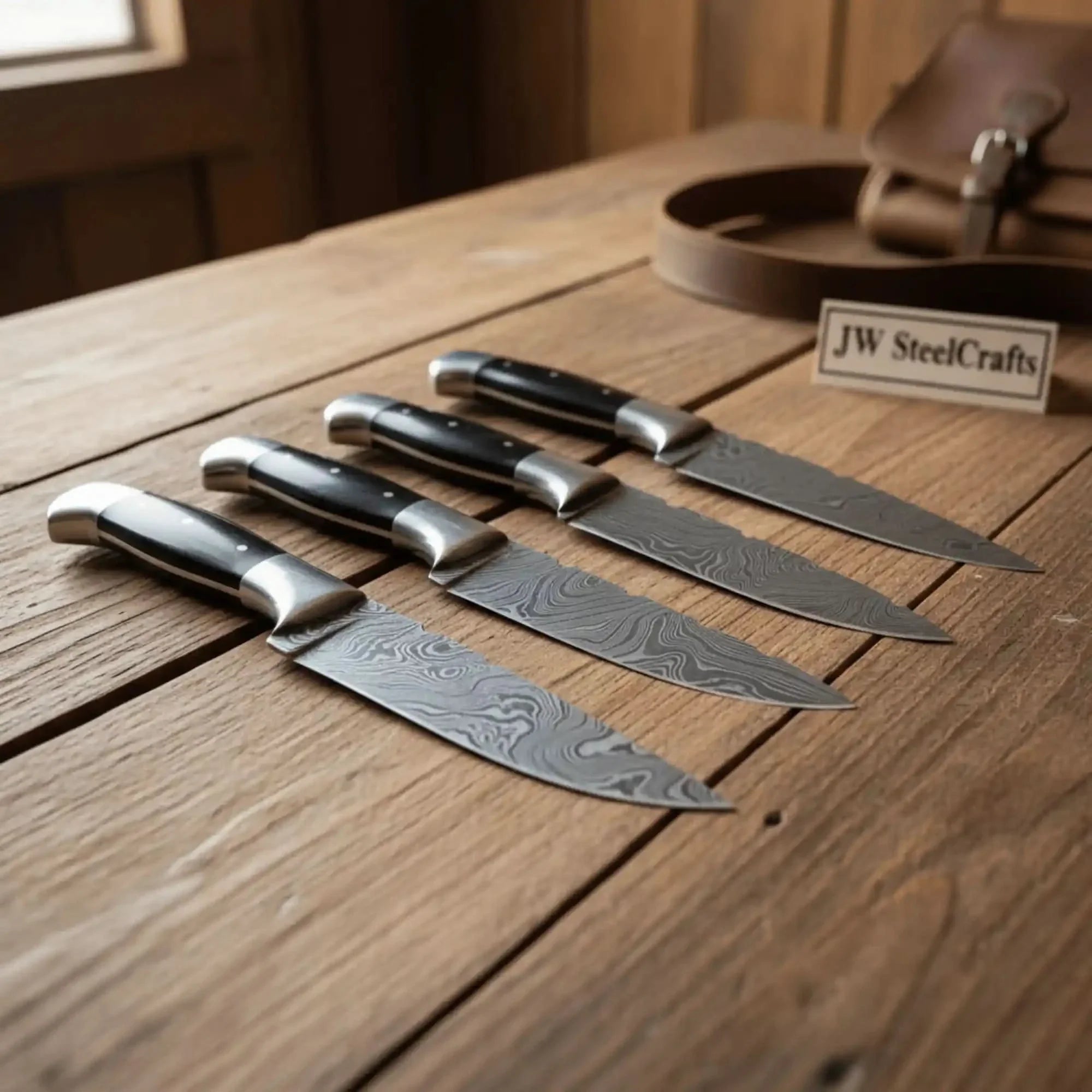 5-Piece Hunting Knife Set with Buffalo Horn Handle — Ladder Damascus Blades & Black Buffalo Horn Handles