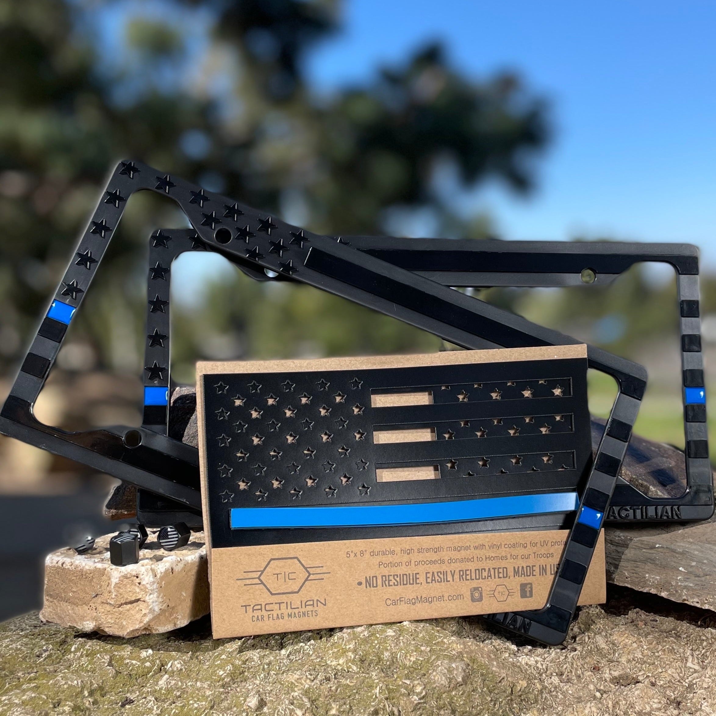 THIN BLUE LINE SUPPORT BUNDLE - TBL PLATE FRAME SET + LARGE USA TBL MAGNET SET + USA VALVE CAPS
