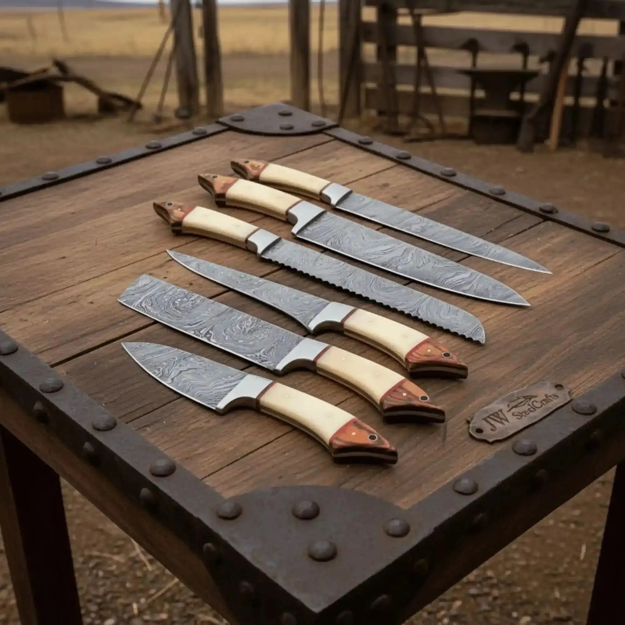 6-Piece Damascus Kitchen Knife Set — Chef, Bread, Fillet, Cleaver & Utility Knives with White Bone and Red Wood Handles, Leather Roll & Sharpener