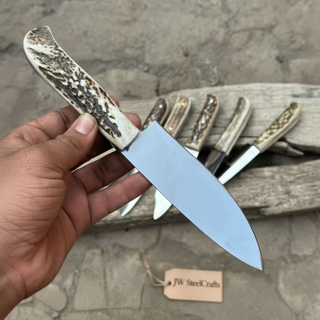 Handmade Chef Knife with Stag Antler Handle – High Carbon Steel Blade | JW SteelCrafts