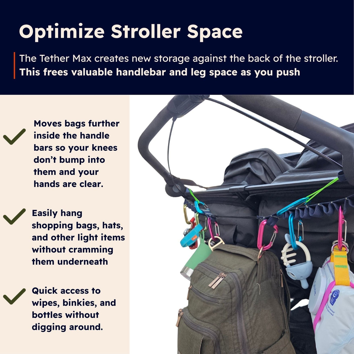 Tether Max – Stroller Gear Rail & Multi-Use Bungee Gear Strap