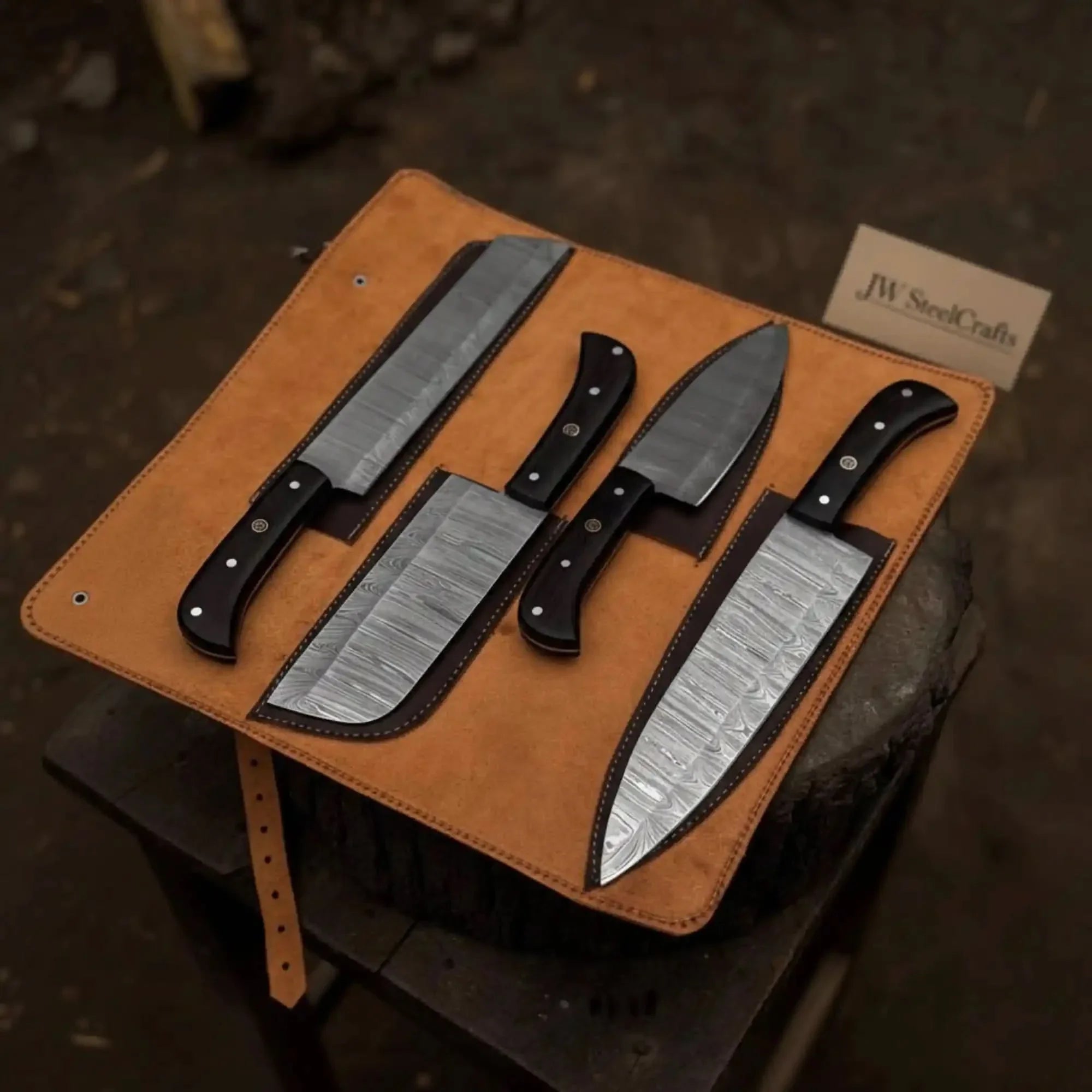 5-Piece Stainless Steel Chef Knife Set with Leather Roll | Ebony Wood Handle Knives
