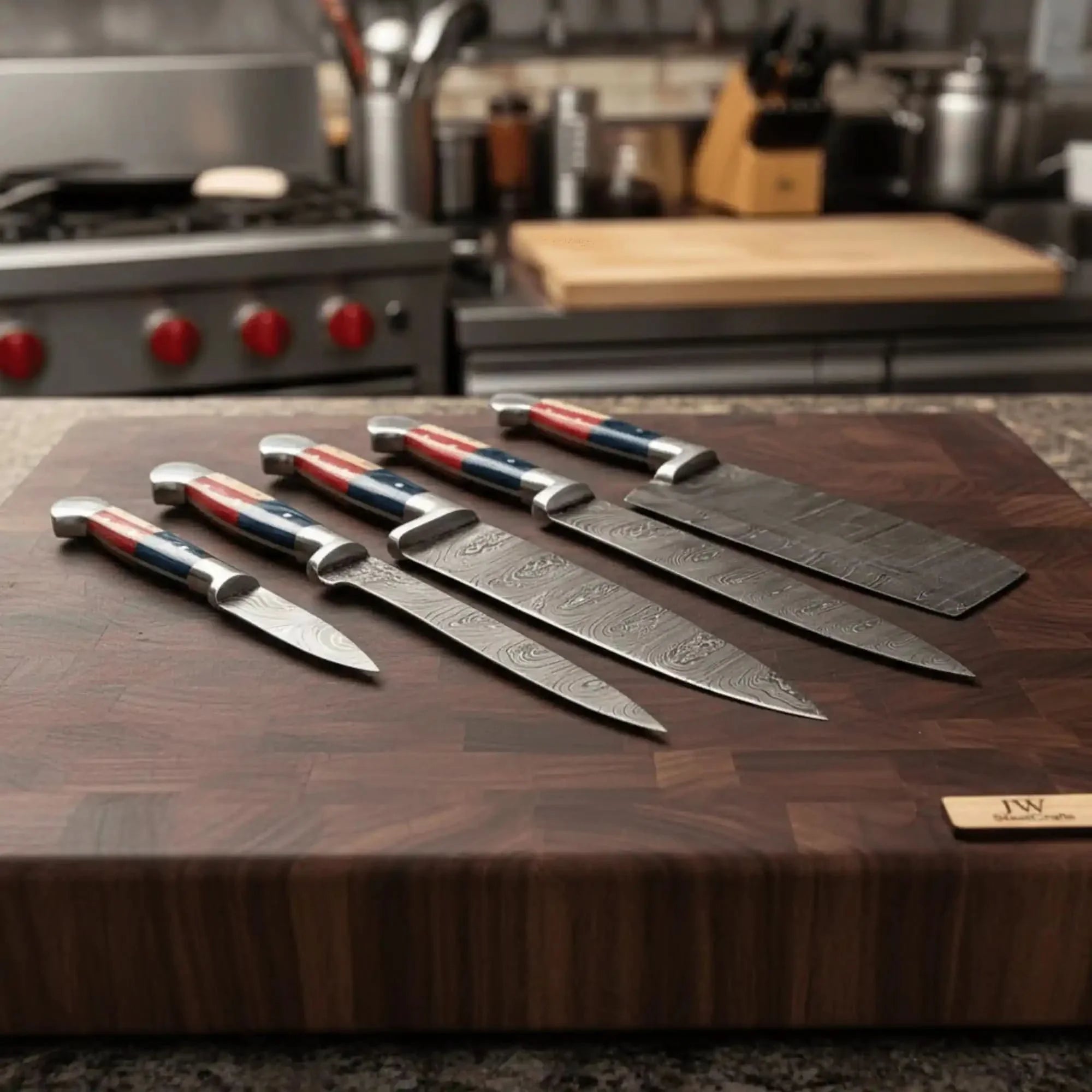 Texas Flag Handle Damascus 5-Piece Knife Set with Leather Kit