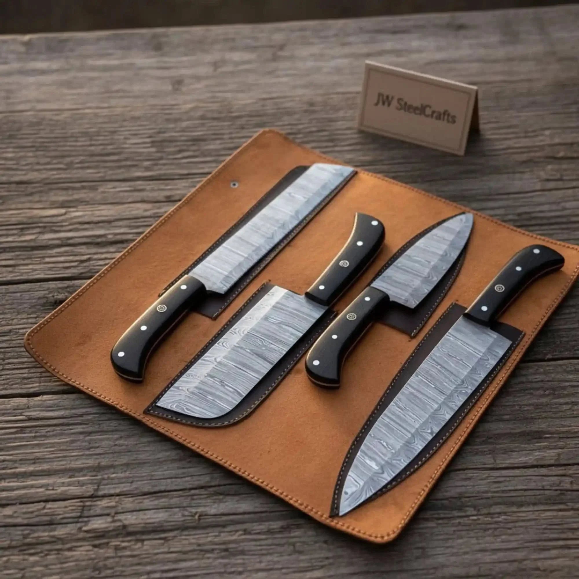 5-Piece Stainless Steel Chef Knife Set with Leather Roll | Ebony Wood Handle Knives